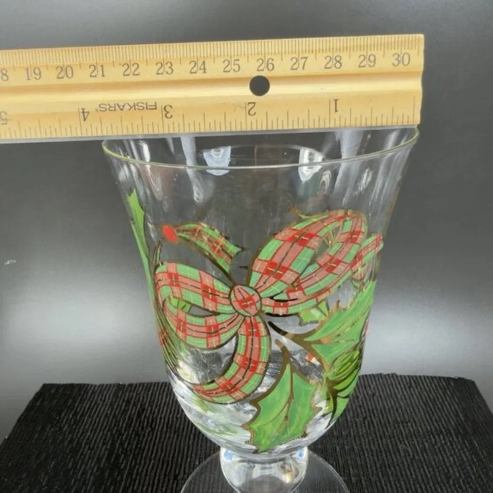 Lenox Holiday Plaid Ribbon Iced Tea Glass Footed Goblet‎ Cup Hand Painted Single